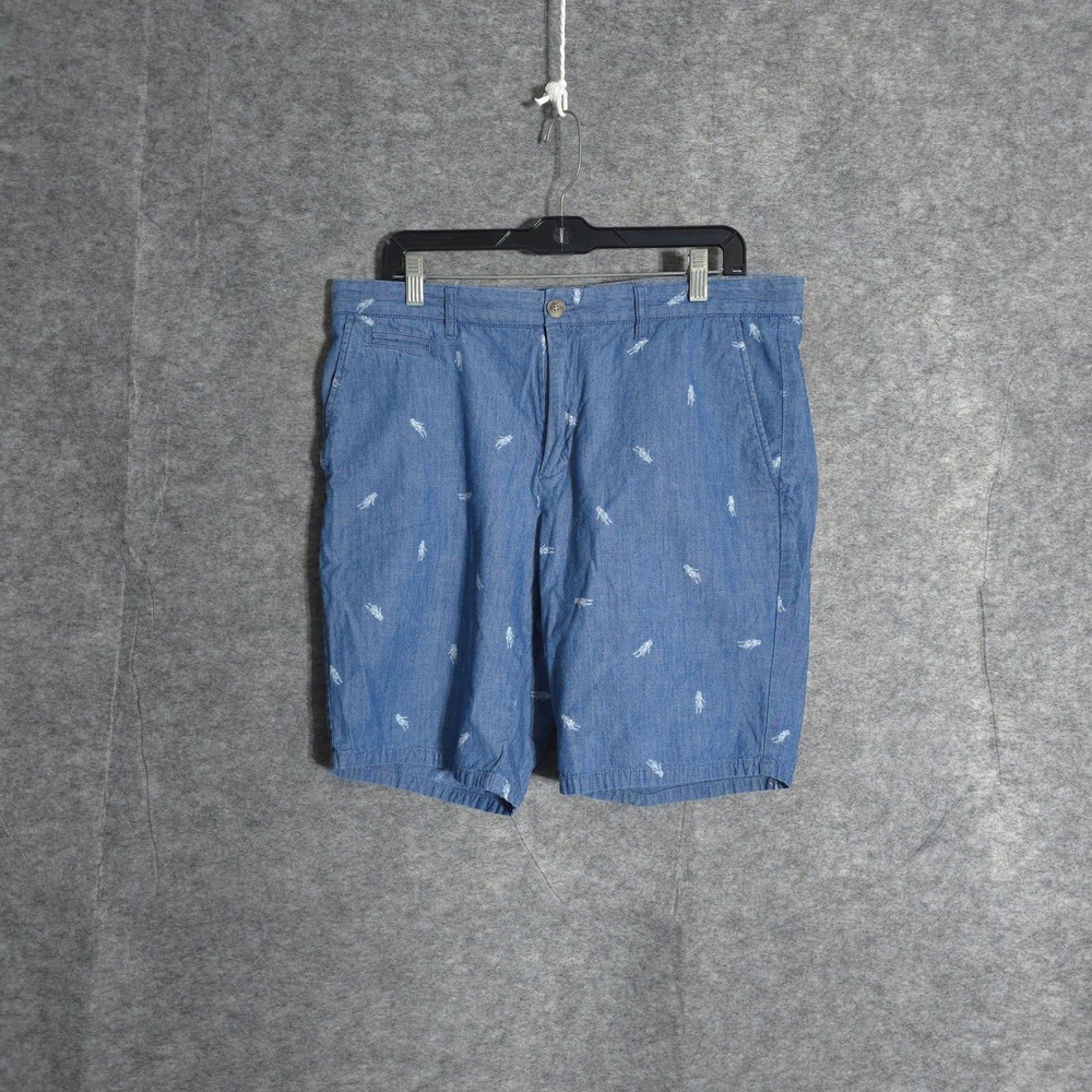 johnnie-O Hula Shorts Men 34 Blue Chambray Embroidered Surfer Flat Front Chino